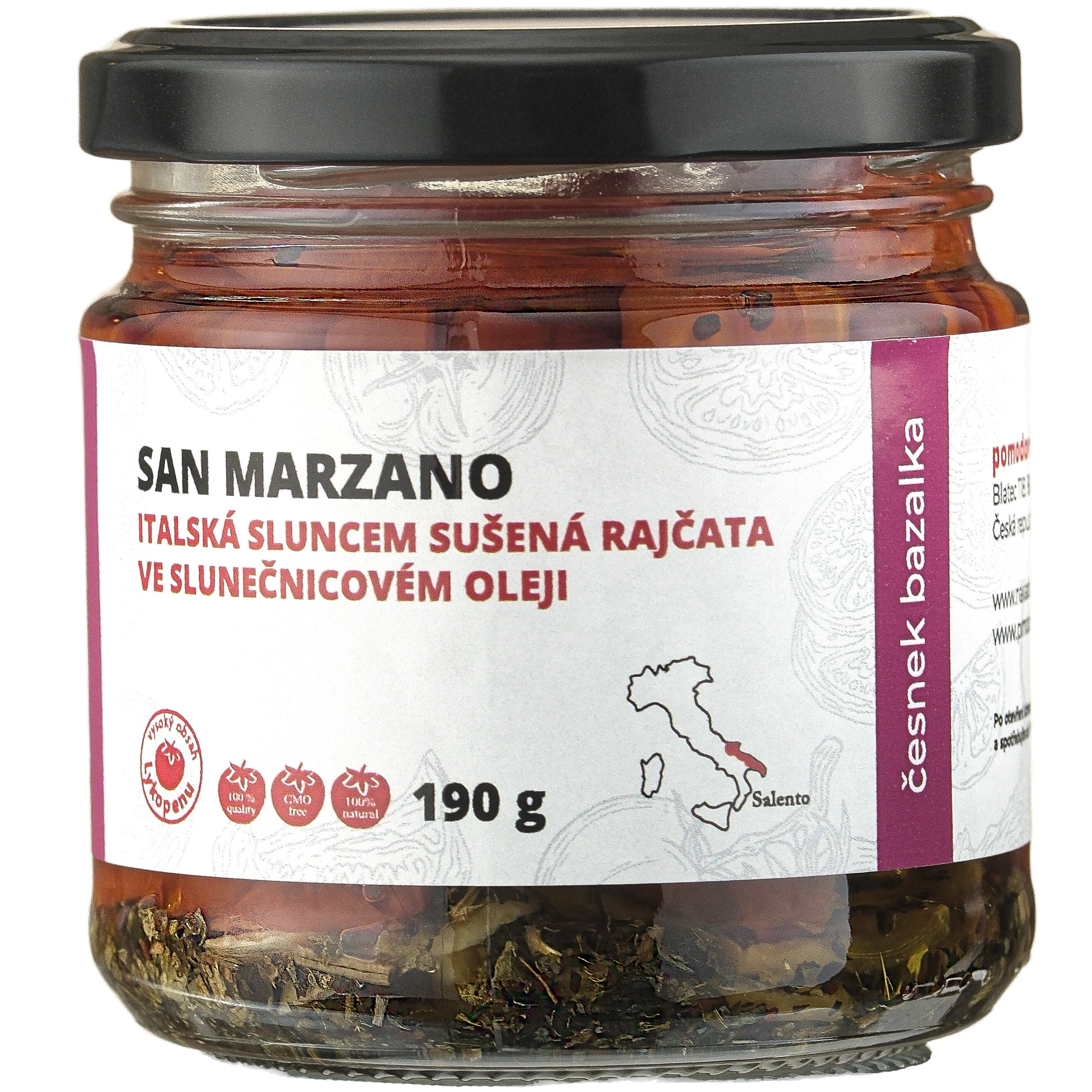 Rajčata San Marzano česnek bazalka naložená v oleji 190g