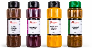Set 4 omáček - Brusinková, Hořčico medová, Okurkový a Cibulový relish